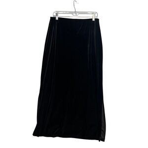 DENIM & CO Black Velvet Maxi Skirt‎ Size L Side Slits Gothic Grunge Classic